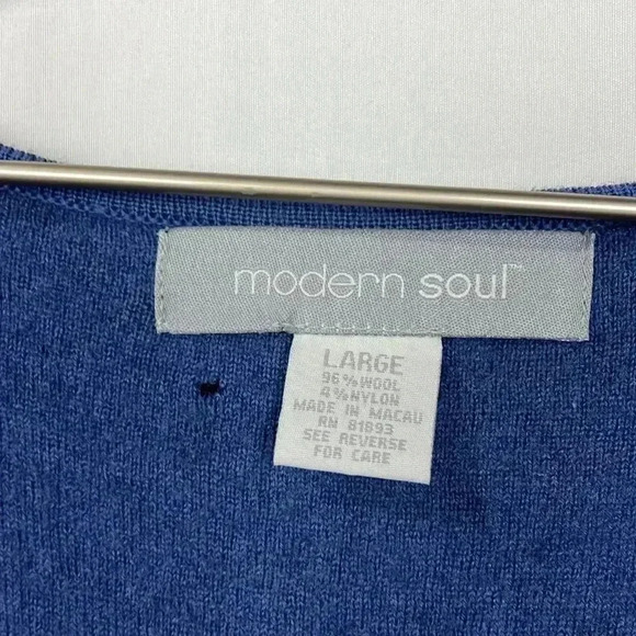 Modern Soul Womens Cardigan Blue L Open Front Long Lines 96% Wool Knit EUC Flaws - Picture 2 of 12